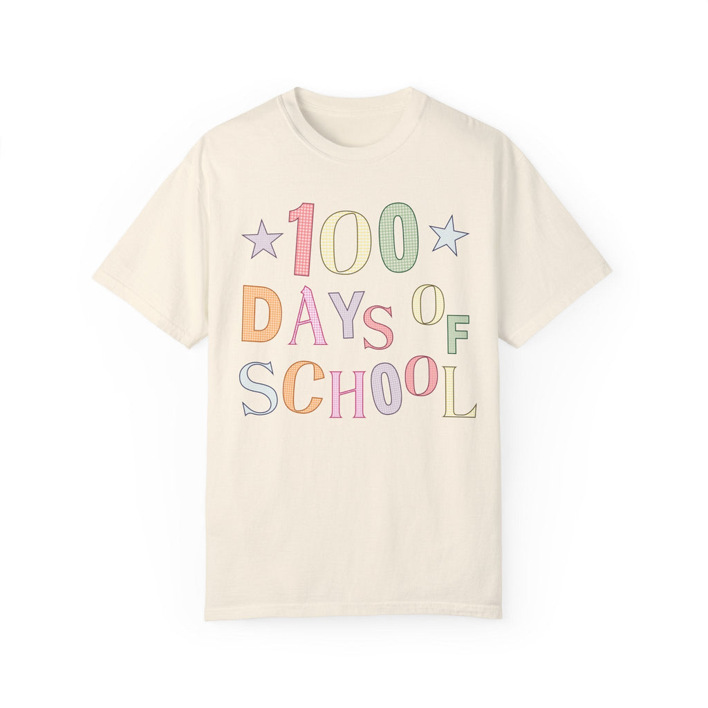 Cute 100 Day of School T-Shirt, Gingham Pattern and Stars, Colorful Kindergarten Crew Matching Shirt, Funny Teacher Tee, Celebrate 100th Day - Opal and June