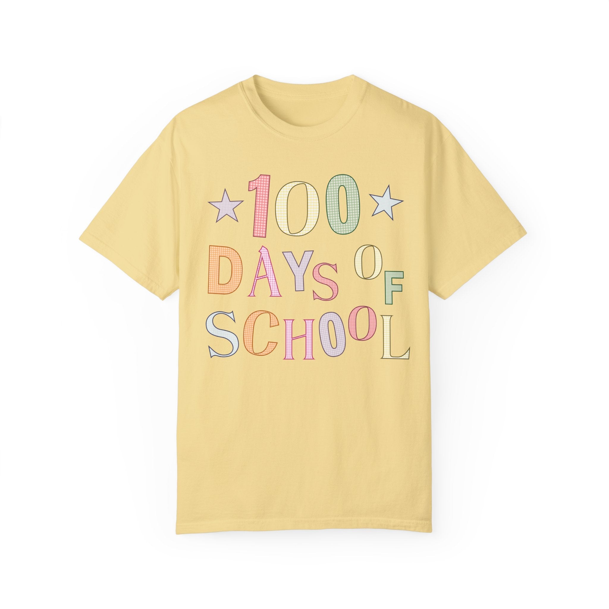 Cute 100 Day of School T-Shirt, Gingham Pattern and Stars, Colorful Kindergarten Crew Matching Shirt, Funny Teacher Tee, Celebrate 100th Day - Opal and June