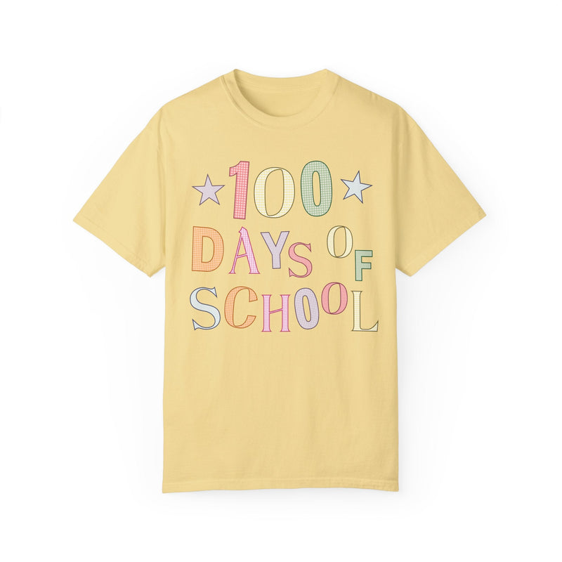 Cute 100 Day of School T-Shirt, Gingham Pattern and Stars, Colorful Kindergarten Crew Matching Shirt, Funny Teacher Tee, Celebrate 100th Day - Opal and June