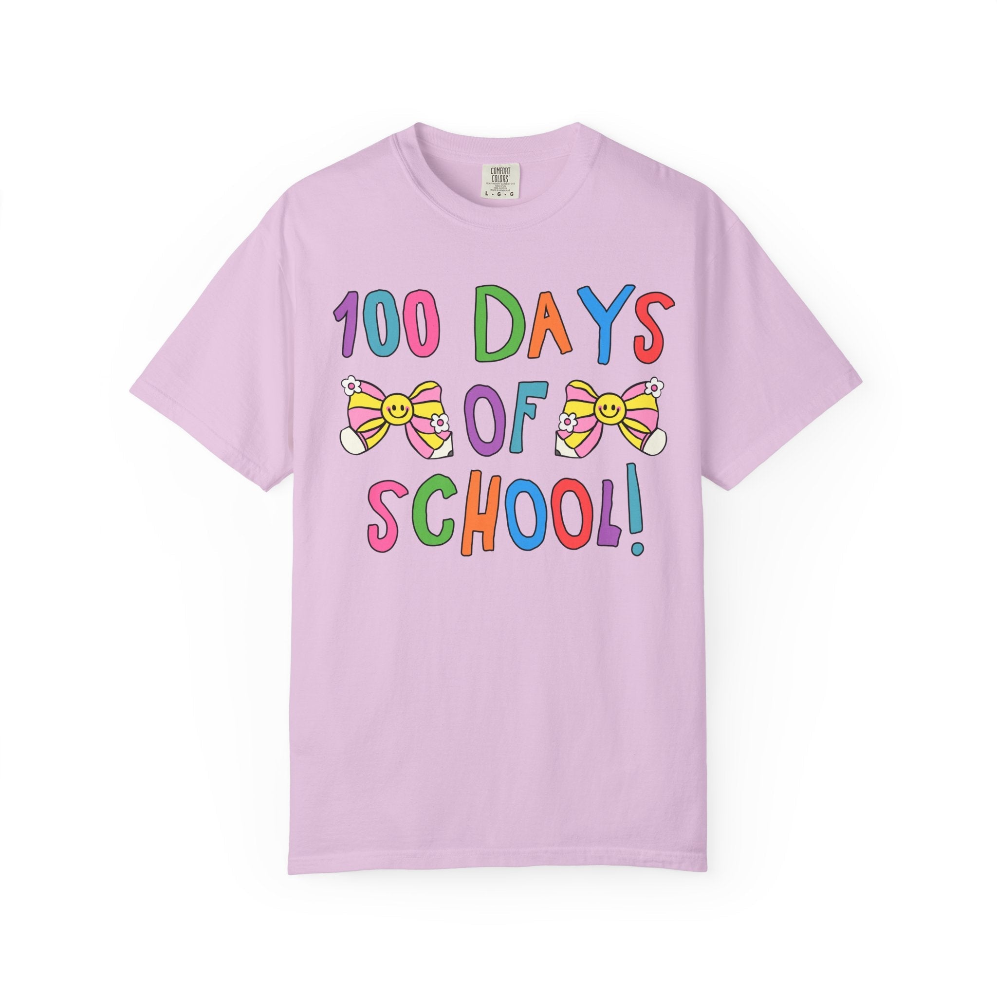 Cute 100 Days of School Tee Shirt with Bows, Colorful Maximalist 90s Aesthetic T-Shirt for First Grade Crew, Matching Second Grade Teacher T - Opal and June