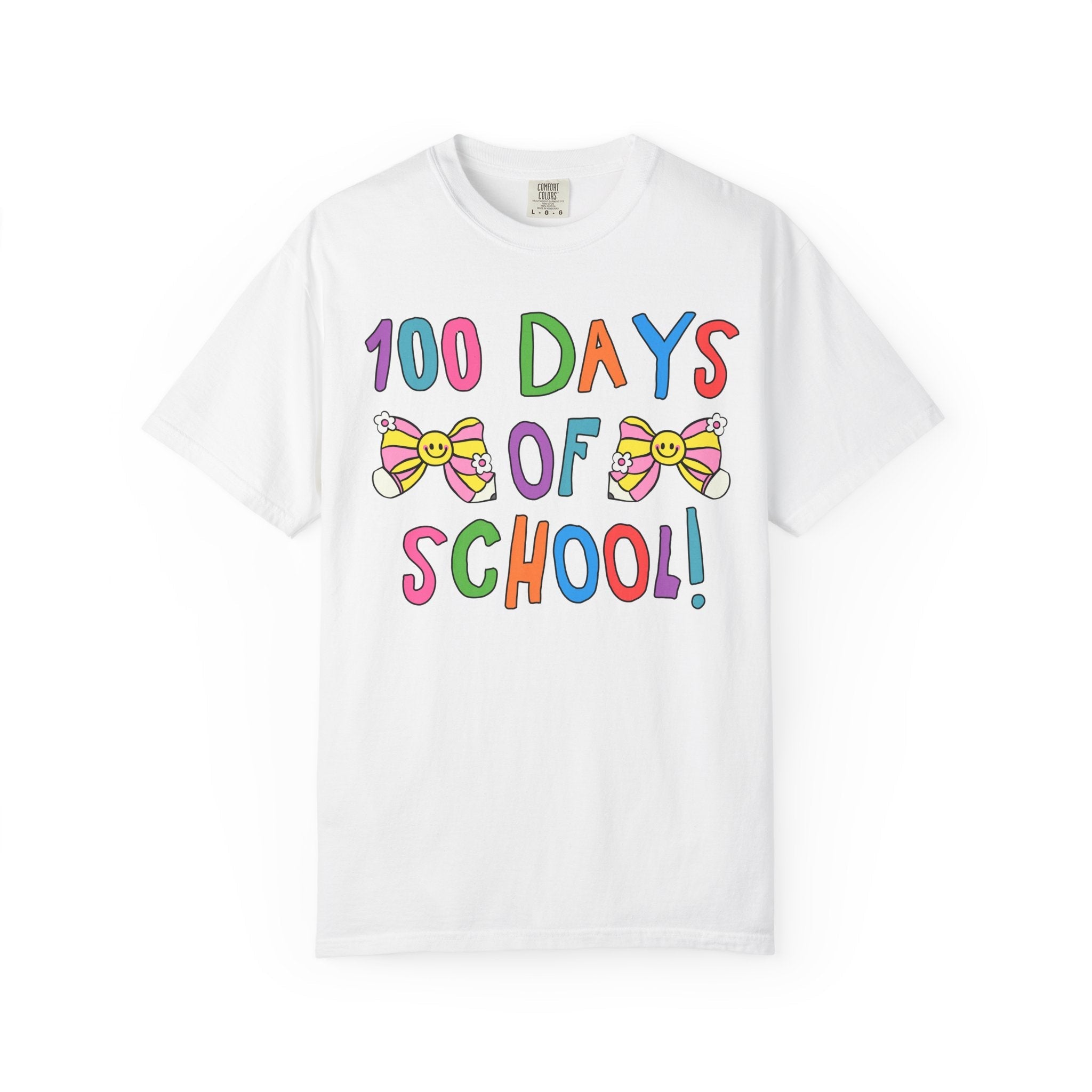 Cute 100 Days of School Tee Shirt with Bows, Colorful Maximalist 90s Aesthetic T-Shirt for First Grade Crew, Matching Second Grade Teacher T - Opal and June