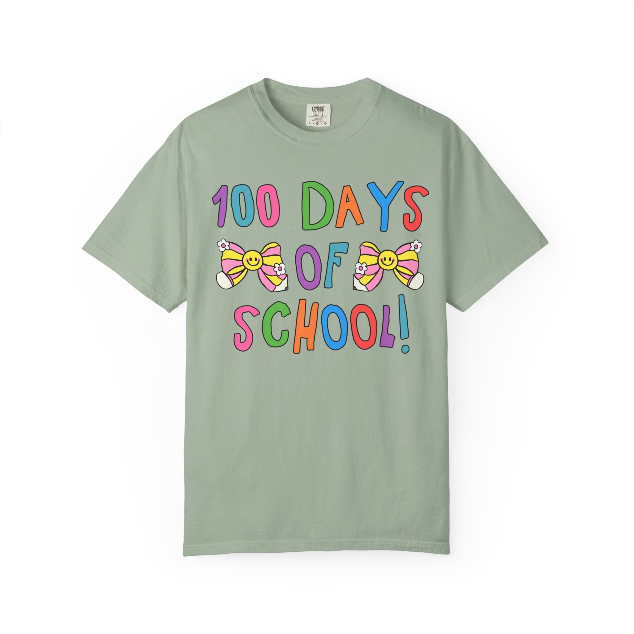 Cute 100 Days of School Tee Shirt with Bows, Colorful Maximalist 90s Aesthetic T-Shirt for First Grade Crew, Matching Second Grade Teacher T - Opal and June