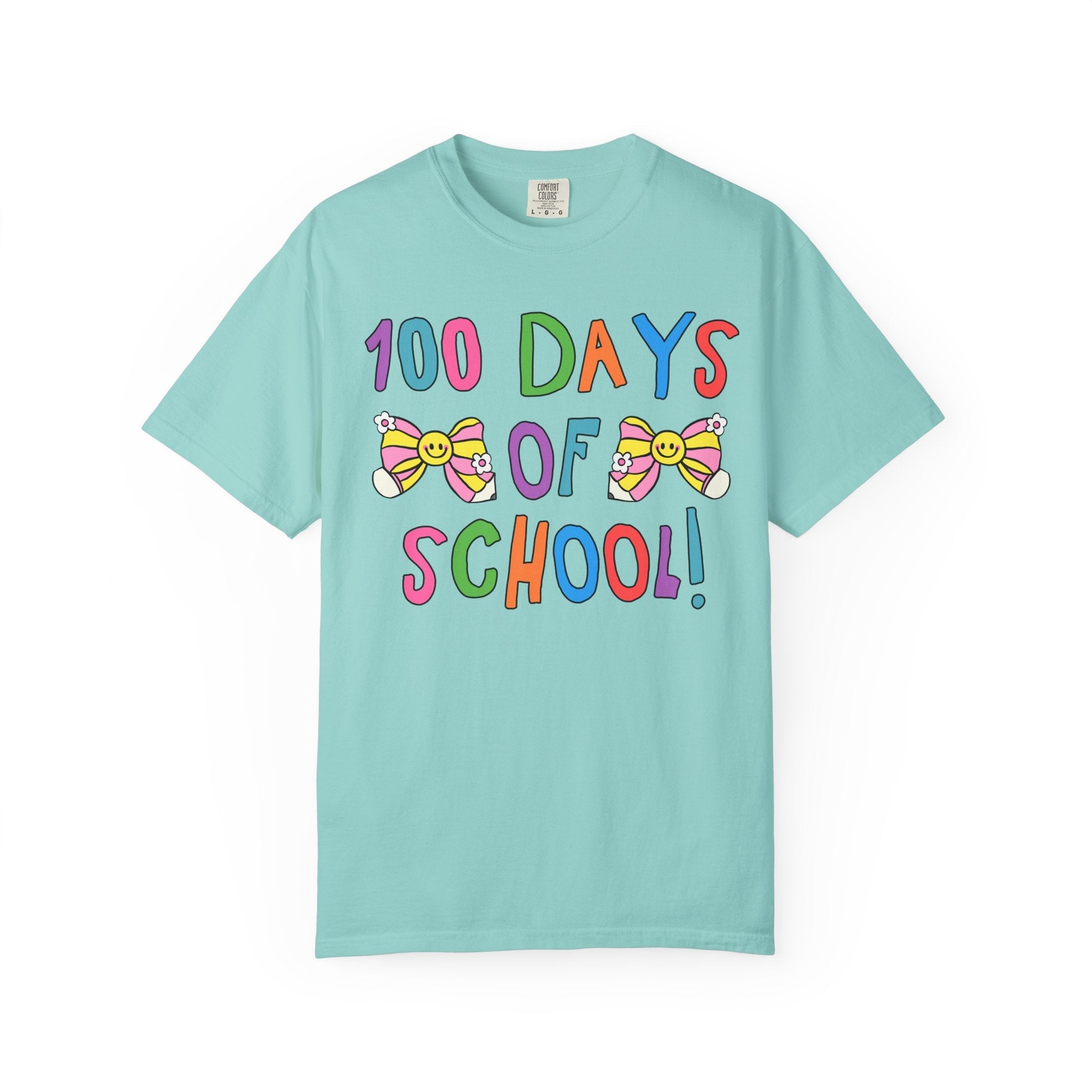 Cute 100 Days of School Tee Shirt with Bows, Colorful Maximalist 90s Aesthetic T-Shirt for First Grade Crew, Matching Second Grade Teacher T - Opal and June