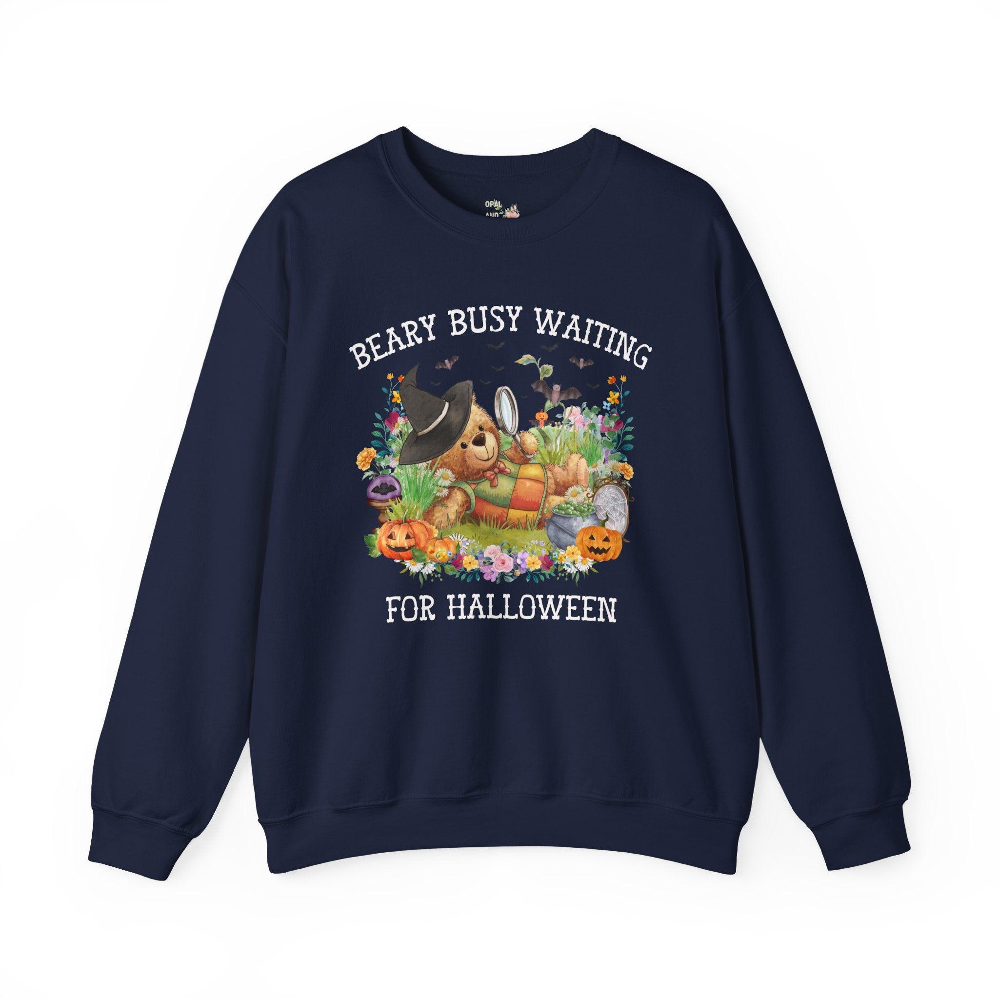 Cute Bear Halloween Sweatshirt with Flowers: Beary Busy Waiting on Halloween, Funny Saying Halloween Lover Crewneck with Cottagecore Bear - Opal and June