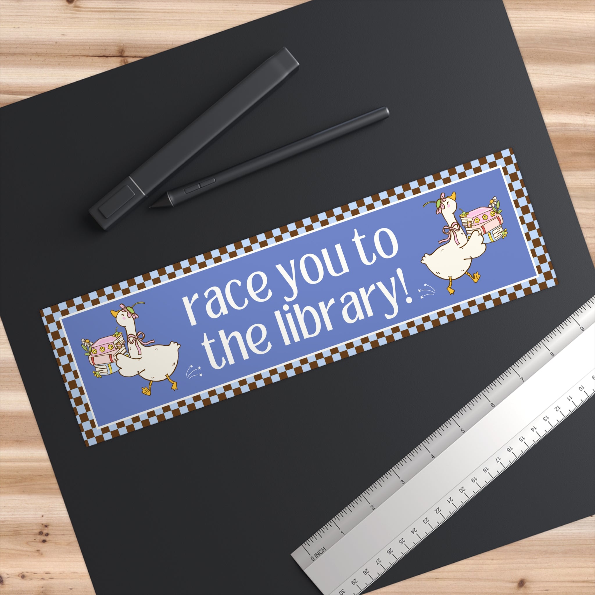 Cute Book Lover Bumper Sticker: Race You To The Library! | Funny Bookish Gift for Reader or Bookworm, Silly Floral Goose New Driver Sticker - Opal and June