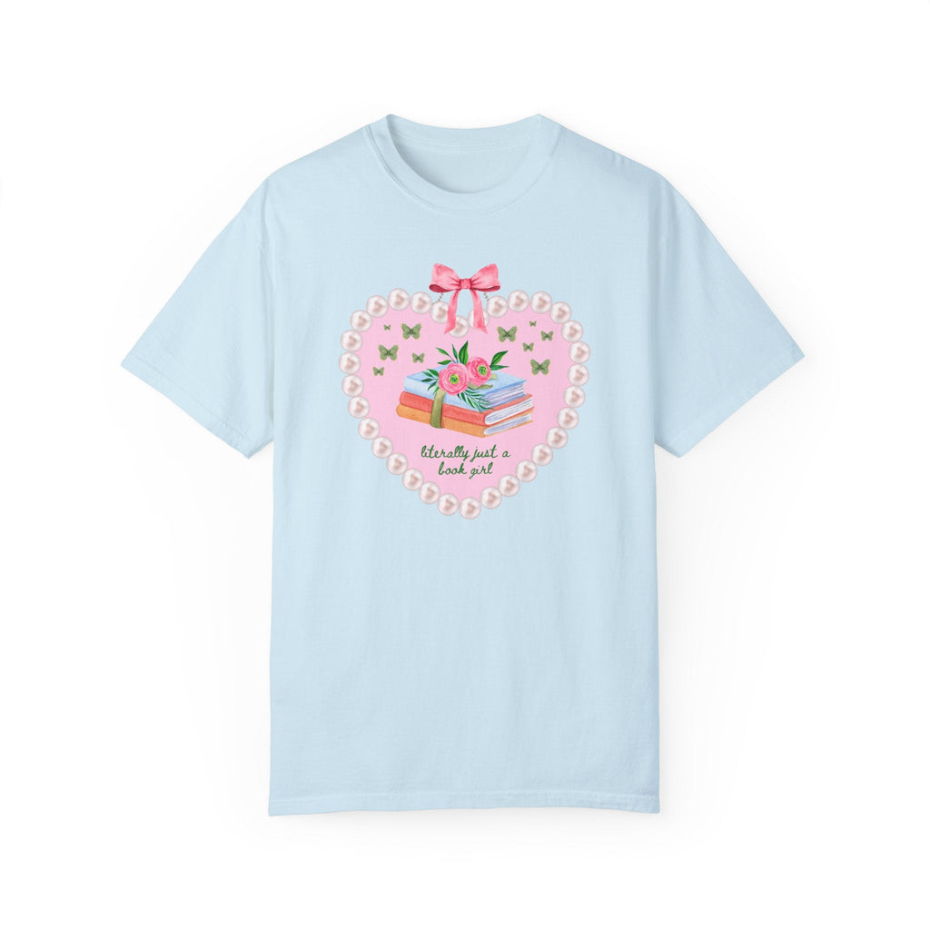 Cute Book Lover T-Shirt with Heart and Butterflies: Literally Just a Book Girls, Sweet Cottagecore Bookish Gift for Bookworm, Mom Who Reads - Opal and June