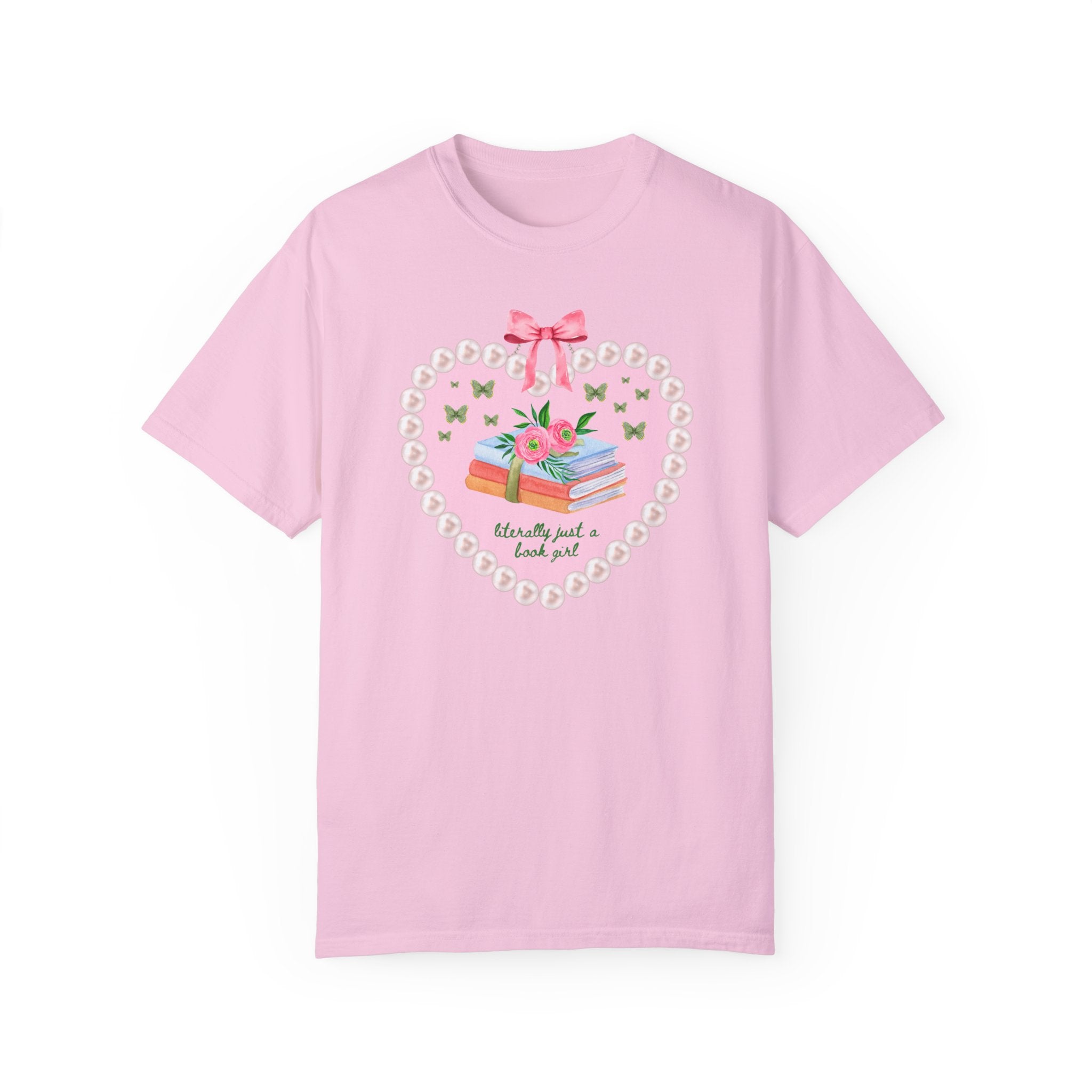 Cute Book Lover T-Shirt with Heart and Butterflies: Literally Just a Book Girls, Sweet Cottagecore Bookish Gift for Bookworm, Mom Who Reads - Opal and June