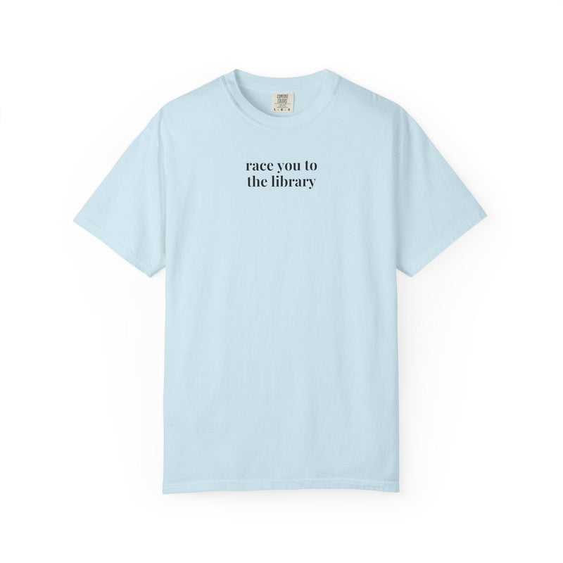 Cute Book Lover Tee Shirt for Reader Who Loves Running: Race You to the Library, Funny Saying Bookish T-Shirt for Bookworm or Librarian - Opal and June