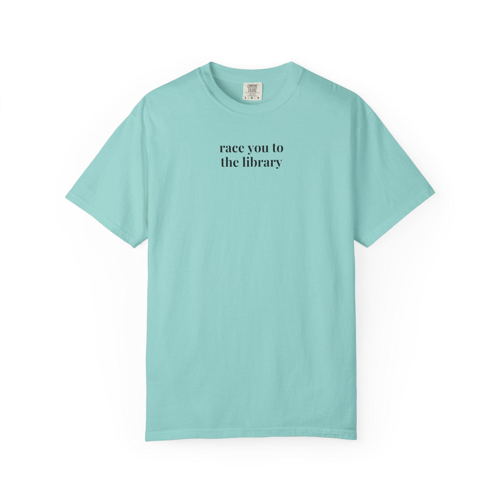 Cute Book Lover Tee Shirt for Reader Who Loves Running: Race You to the Library, Funny Saying Bookish T-Shirt for Bookworm or Librarian - Opal and June