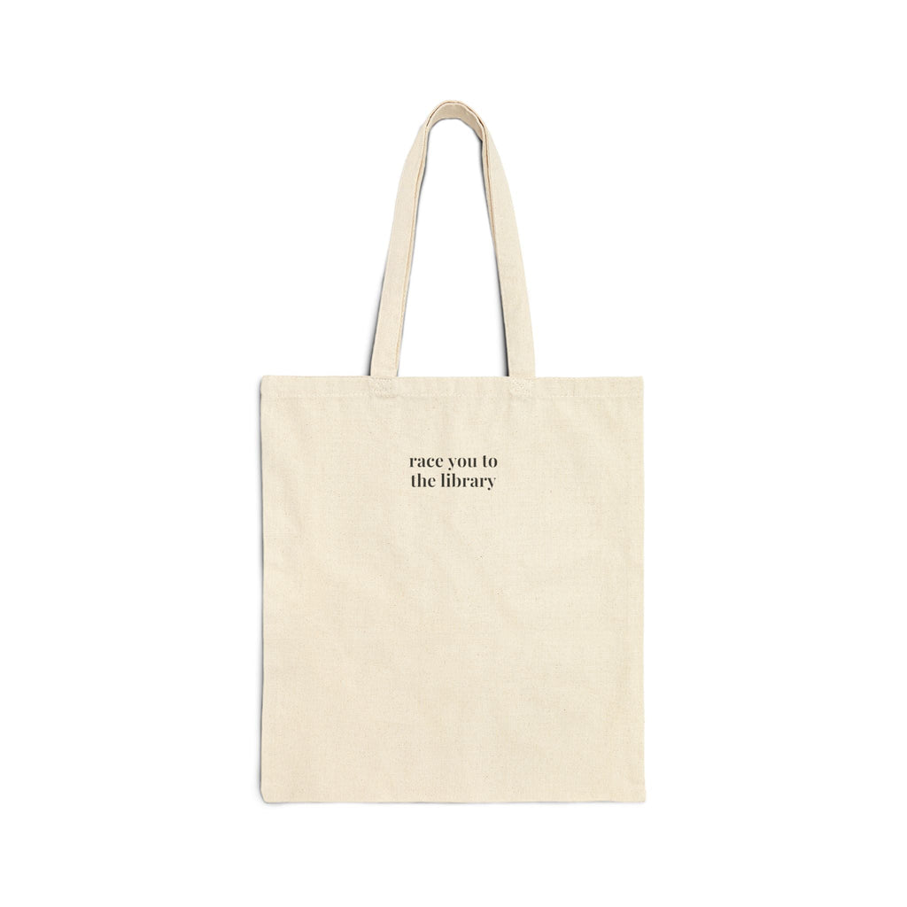 Cute Book Lover Tote Bag for Reader Who Loves Running: Race You to the Library, Funny Saying Bookish Tote for Bookworm or Librarian - Opal and June