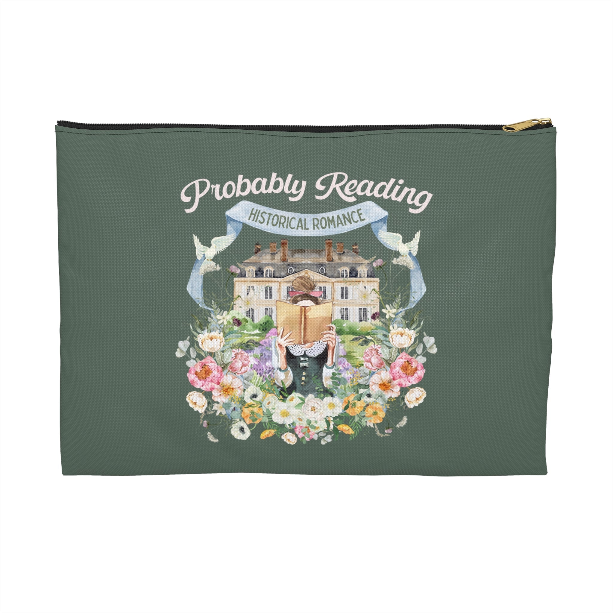 Cute Bookish Accessory Pouch, Romance Reader Who Loves Historical Romance: Floral Cottagecore Gift Bookworm, Regency Romance Bag with Zipper - Opal and June