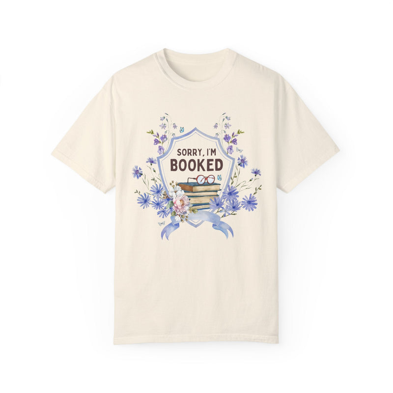 Cute Bookish Tee Shirt for Butterfly Lover: Sorry I'm Booked | Boho Cottagecore Book Lover Gift Idea for Romance Reader Who Loves Flowers - Opal and June
