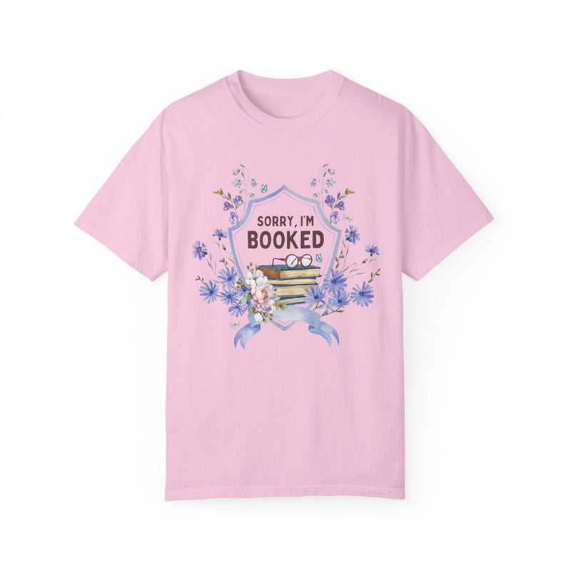 Cute Bookish Tee Shirt for Butterfly Lover: Sorry I'm Booked | Boho Cottagecore Book Lover Gift Idea for Romance Reader Who Loves Flowers - Opal and June