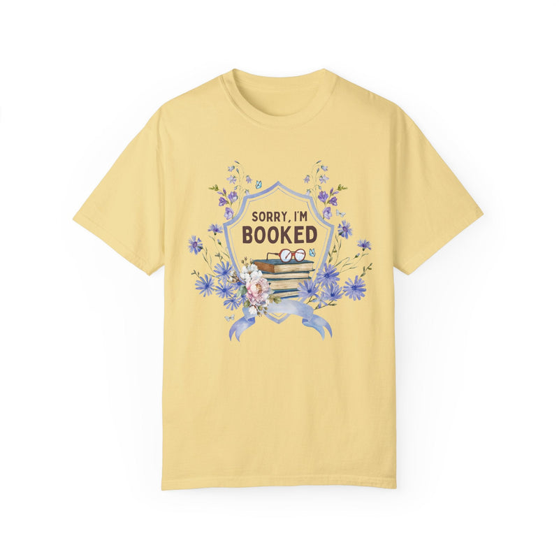 Cute Bookish Tee Shirt for Butterfly Lover: Sorry I'm Booked | Boho Cottagecore Book Lover Gift Idea for Romance Reader Who Loves Flowers - Opal and June