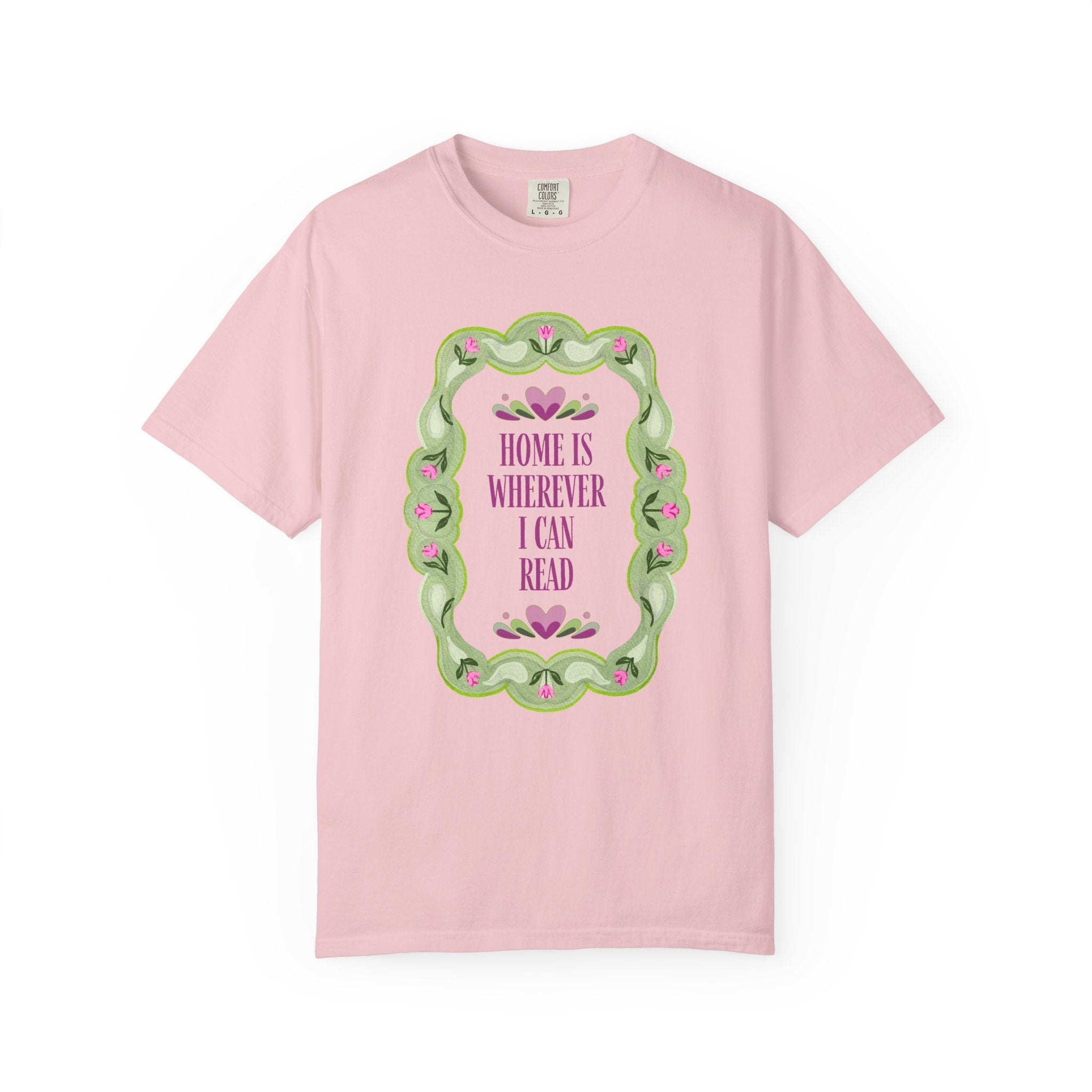 Cute Bookish Tee Shirt with 90s Aesthetic: Home is Wherever I Can Read | Book Lover Tee Shirt for Book Festival, Floral Romance Writer Gift - Opal and June