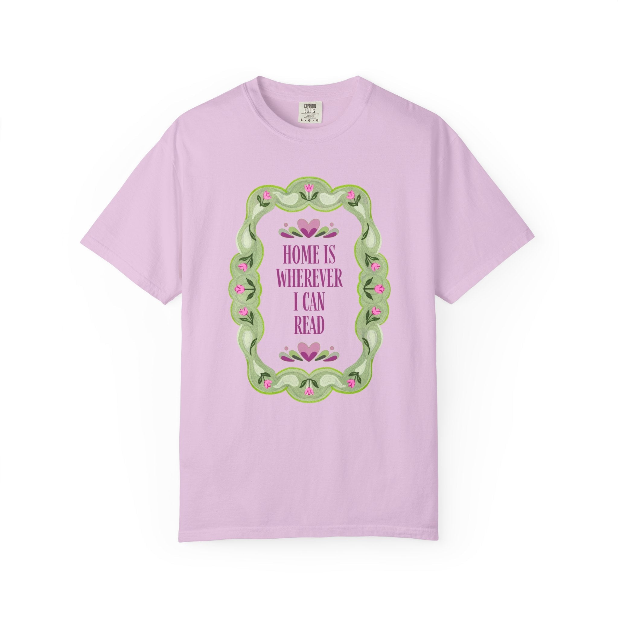 Cute Bookish Tee Shirt with 90s Aesthetic: Home is Wherever I Can Read | Book Lover Tee Shirt for Book Festival, Floral Romance Writer Gift - Opal and June