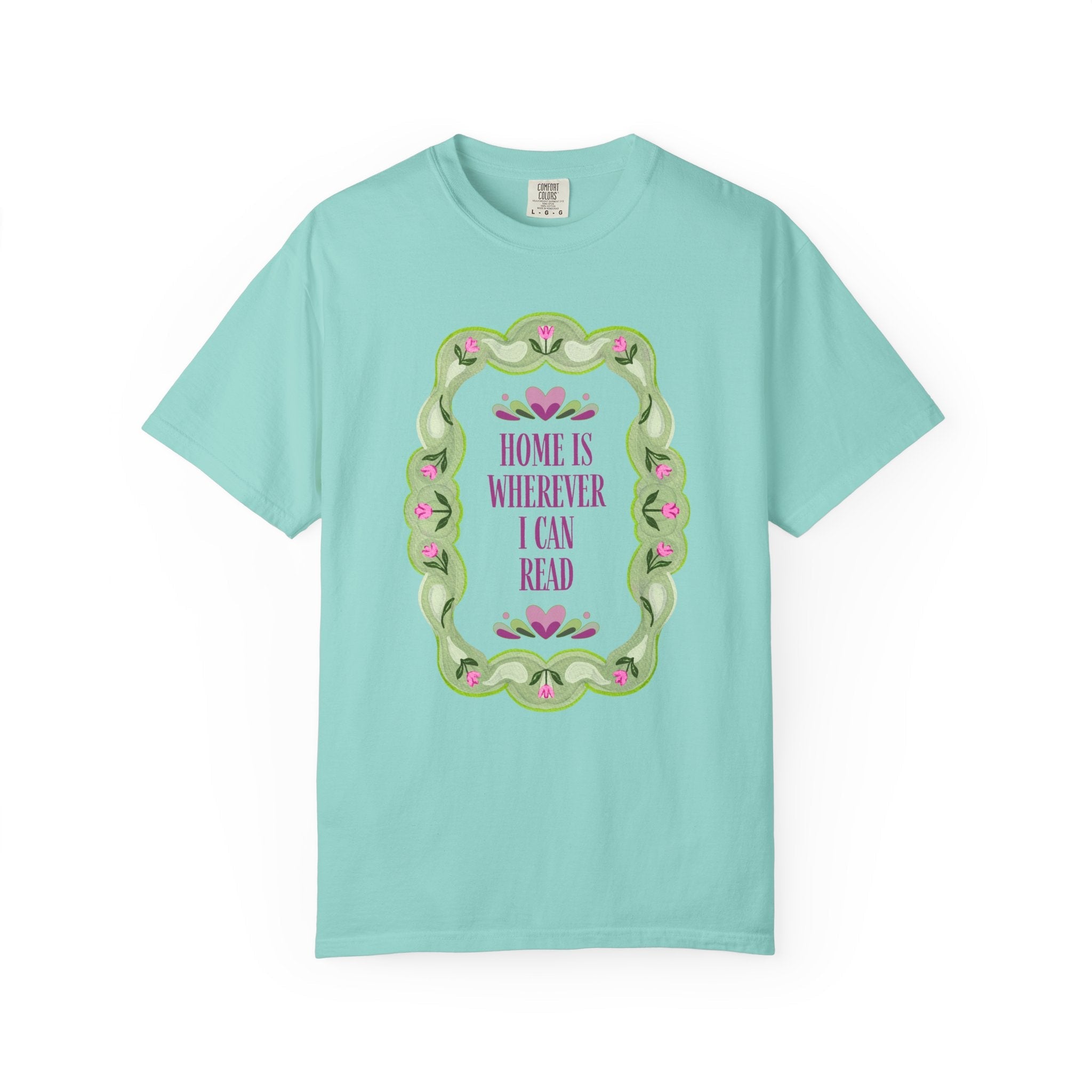Cute Bookish Tee Shirt with 90s Aesthetic: Home is Wherever I Can Read | Book Lover Tee Shirt for Book Festival, Floral Romance Writer Gift - Opal and June