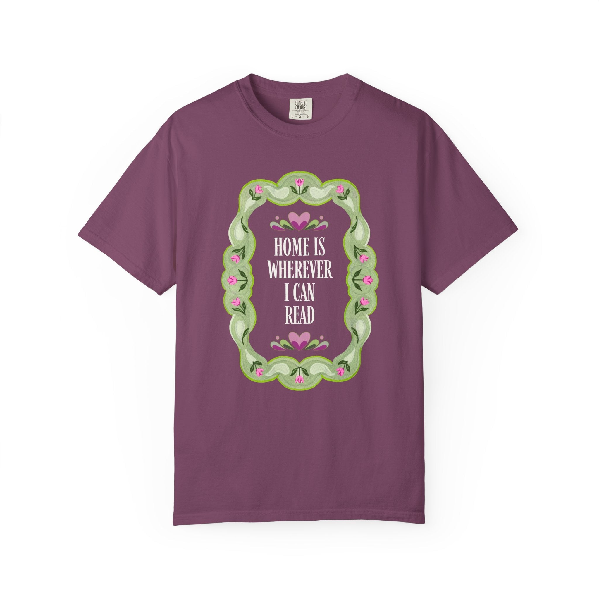 Cute Bookish Tee Shirt with 90s Aesthetic: Home is Wherever I Can Read | Book Lover Tee Shirt for Book Festival, Floral Romance Writer Gift - Opal and June