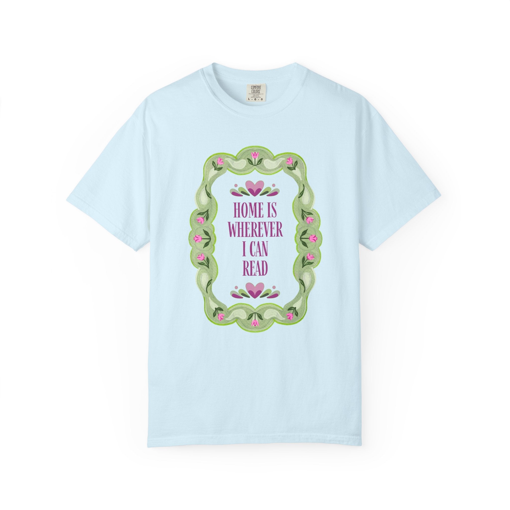 Cute Bookish Tee Shirt with 90s Aesthetic: Home is Wherever I Can Read | Book Lover Tee Shirt for Book Festival, Floral Romance Writer Gift - Opal and June