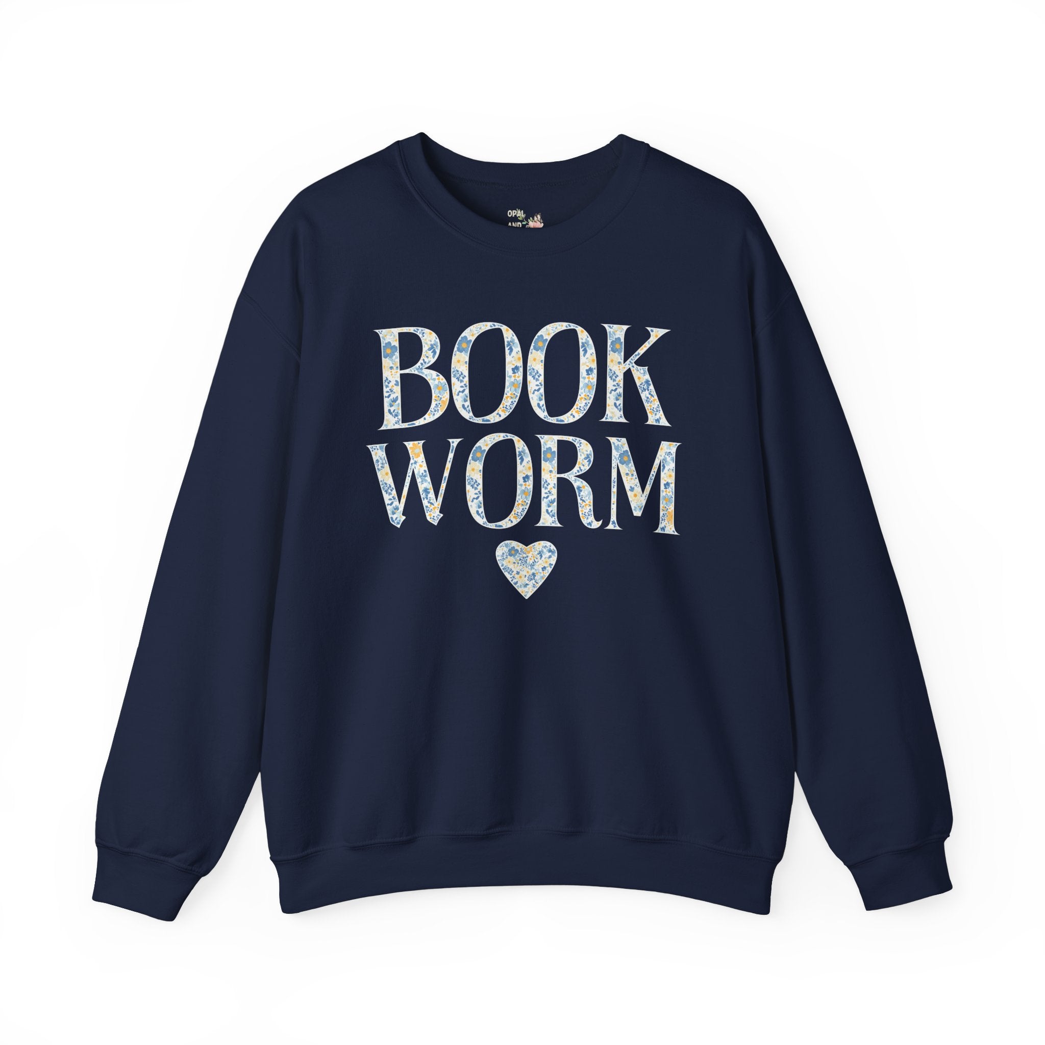 Cute Bookworm Sweatshirt with Heart and Blue Floral Print: Cozy Bookish Shirt, Goblincore Aesthetic, Pretty Cottagecore Gift, Romance Reader - Opal and June