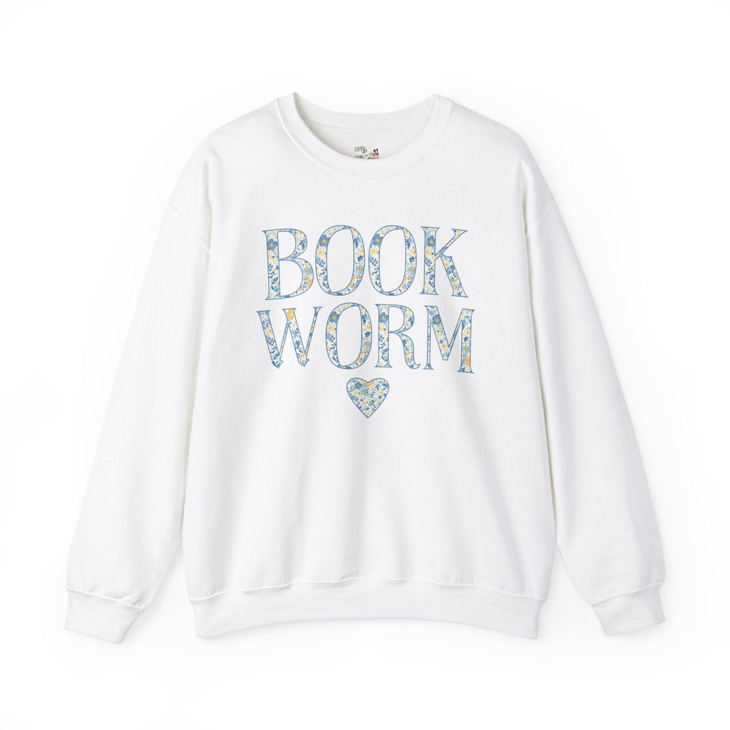 Cute Bookworm Sweatshirt with Heart and Blue Floral Print: Cozy Bookish Shirt, Goblincore Aesthetic, Pretty Cottagecore Gift, Romance Reader - Opal and June