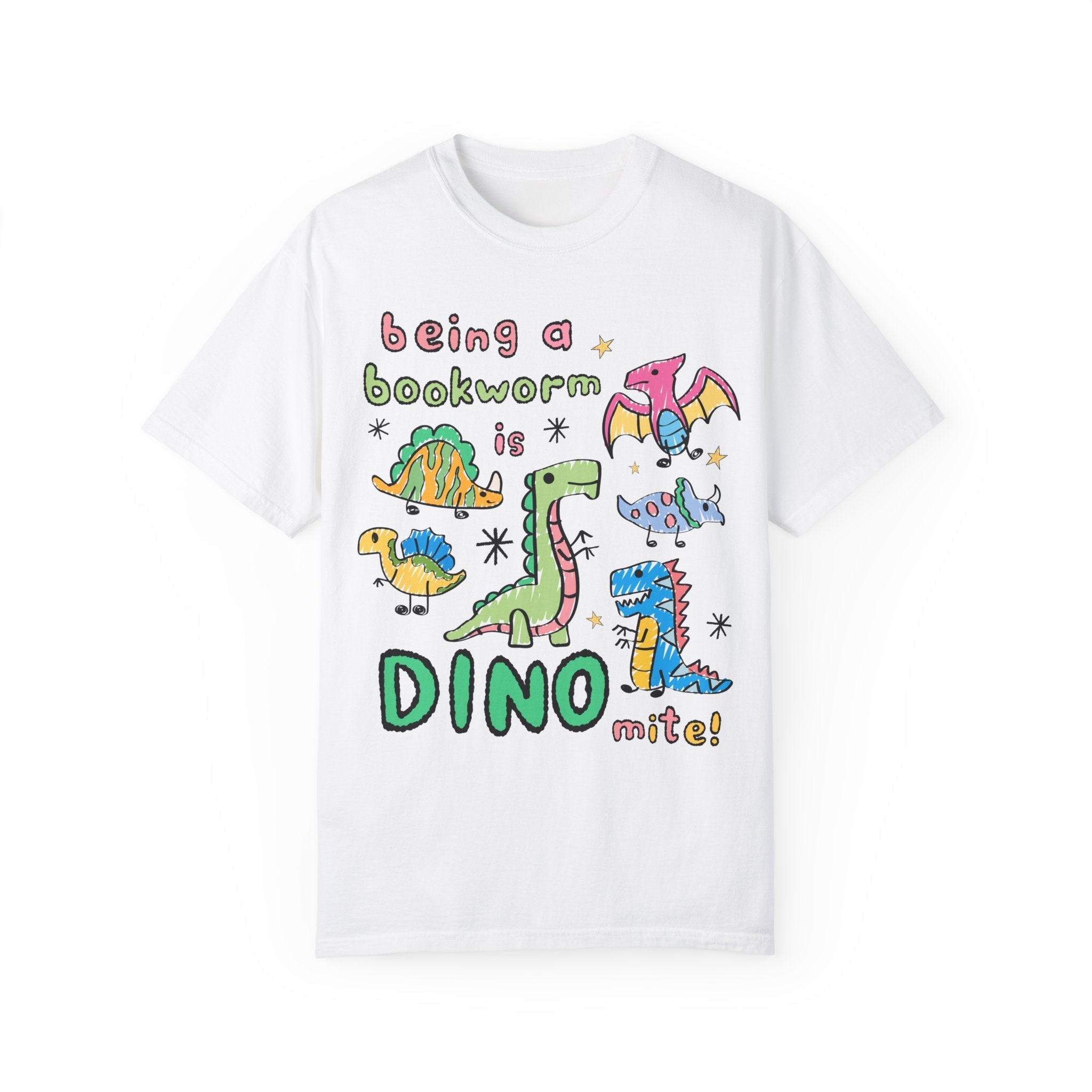 Cute Bookworm T-Shirt, Adorable Doodle Dinosaurs, Funny Saying Librarian Gift, Reading Teacher, School Librarian Tee, Romance Reader Gift - Opal and June