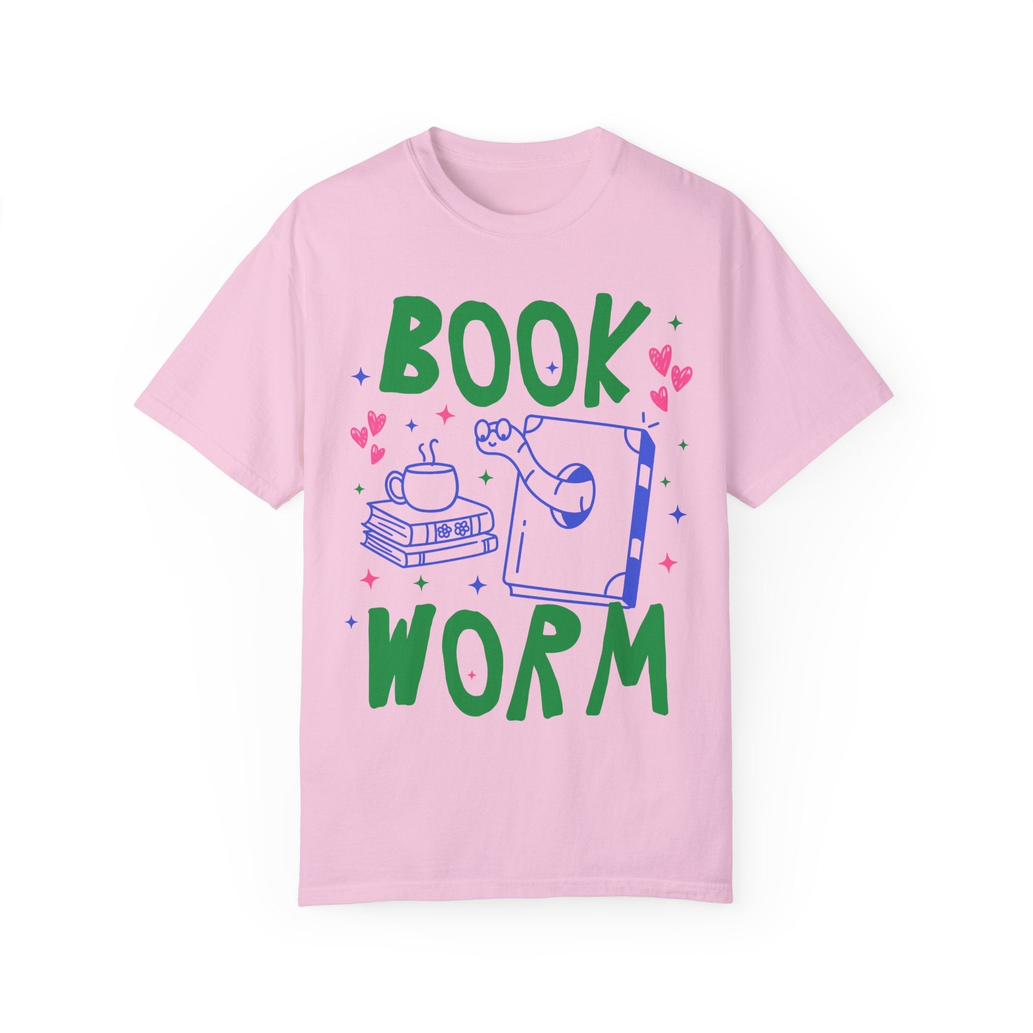 Cute Bookworm T-Shirt for Reading Teacher or School Librarian, Adorable Y2K 90s Aesthetic Book Lover Tee Shirt with Hearts, Romance Reader - Opal and June