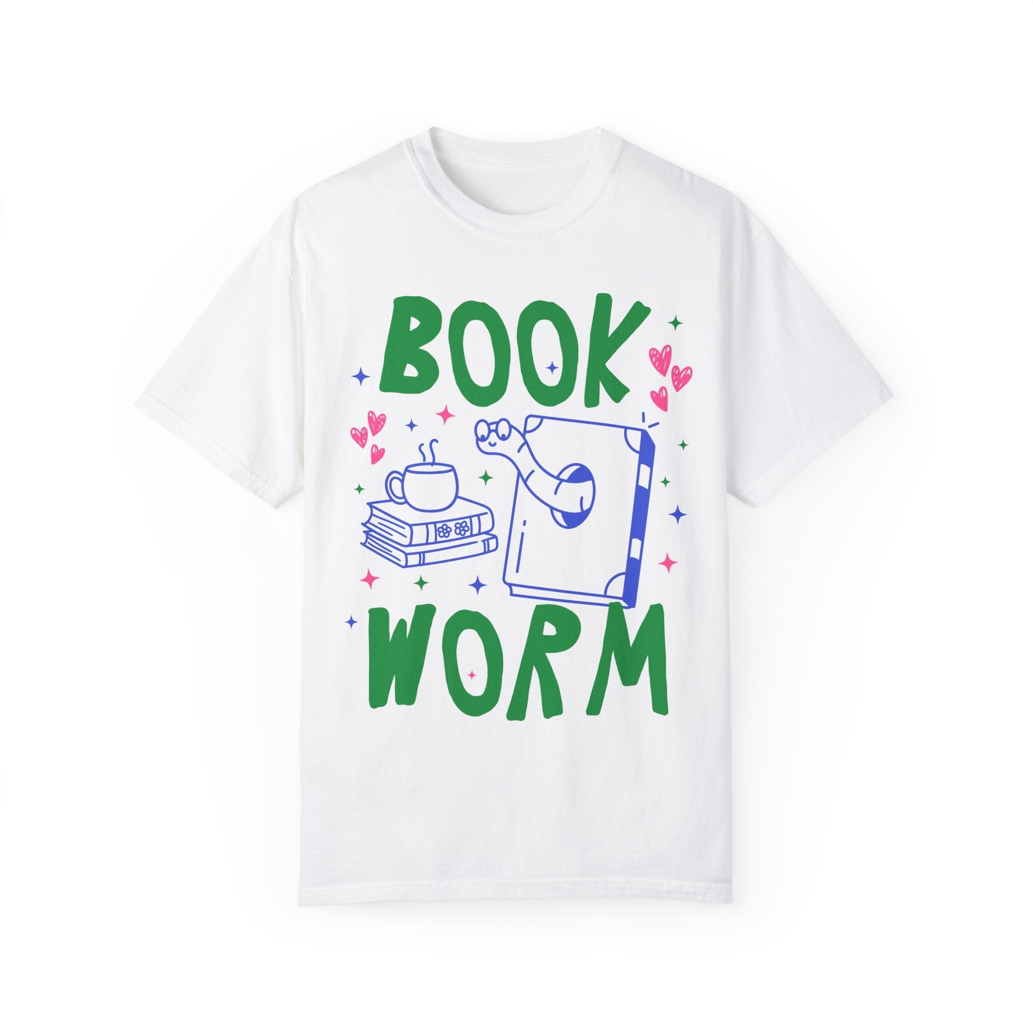 Cute Bookworm T-Shirt for Reading Teacher or School Librarian, Adorable Y2K 90s Aesthetic Book Lover Tee Shirt with Hearts, Romance Reader - Opal and June