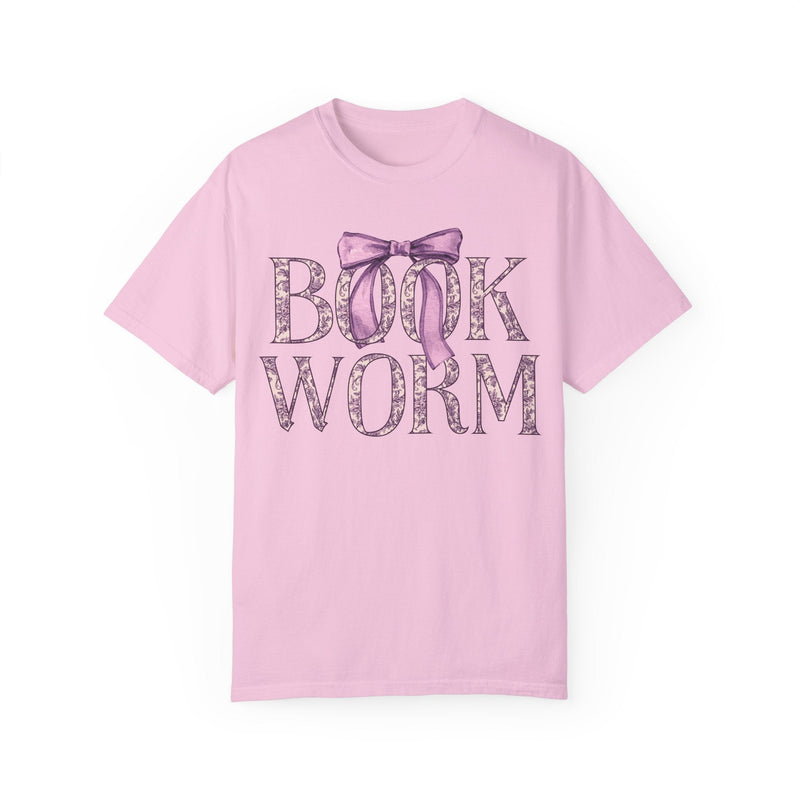 Cute Bookworm Tee Shirt with Bow and Purple Toile Print: Cozy Bookish T-Shirt with Coquette Ribbon, Pretty Cottagecore Gift, Romance Reader - Opal and June