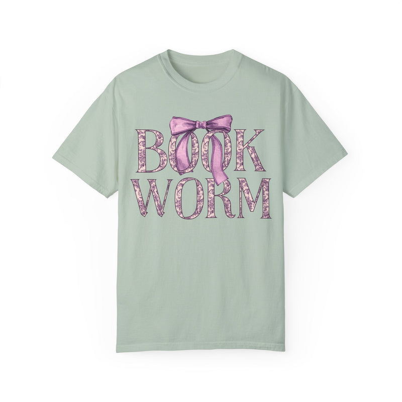 Cute Bookworm Tee Shirt with Bow and Purple Toile Print: Cozy Bookish T-Shirt with Coquette Ribbon, Pretty Cottagecore Gift, Romance Reader - Opal and June
