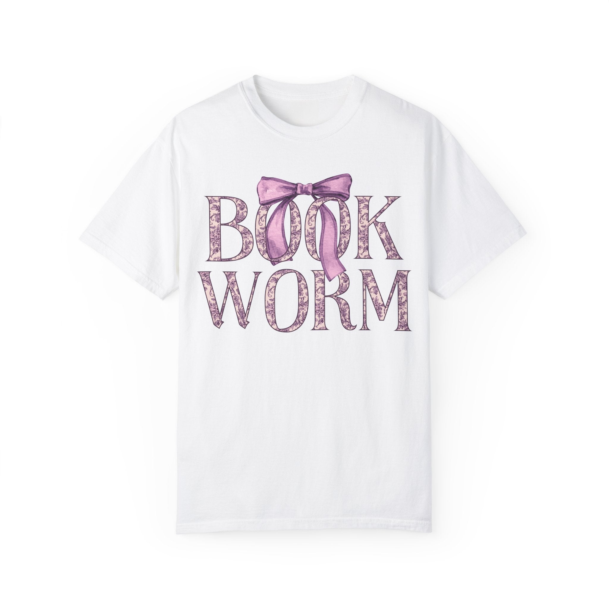 Cute Bookworm Tee Shirt with Bow and Purple Toile Print: Cozy Bookish T-Shirt with Coquette Ribbon, Pretty Cottagecore Gift, Romance Reader - Opal and June