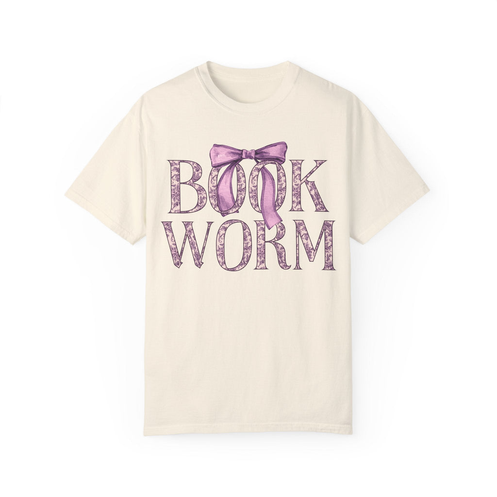 Cute Bookworm Tee Shirt with Bow and Purple Toile Print: Cozy Bookish T-Shirt with Coquette Ribbon, Pretty Cottagecore Gift, Romance Reader - Opal and June