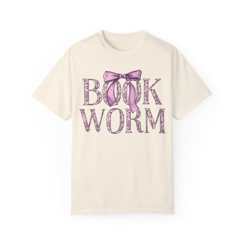 Cute Bookworm Tee Shirt with Bow and Purple Toile Print: Cozy Bookish T-Shirt with Coquette Ribbon, Pretty Cottagecore Gift, Romance Reader - Opal and June