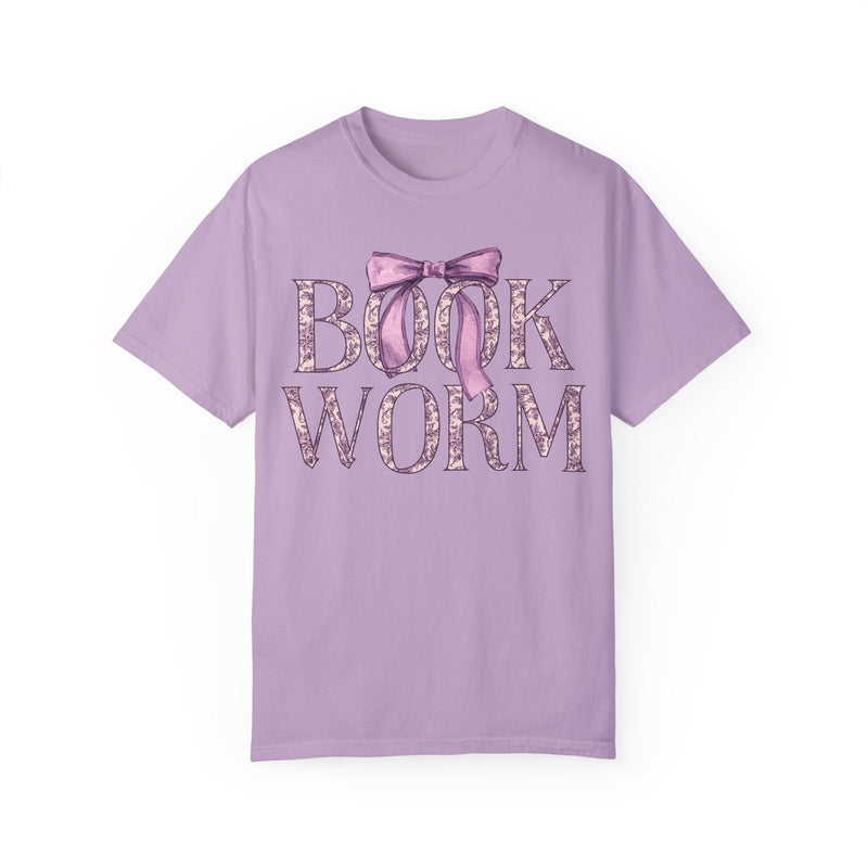 Cute Bookworm Tee Shirt with Bow and Purple Toile Print: Cozy Bookish T-Shirt with Coquette Ribbon, Pretty Cottagecore Gift, Romance Reader - Opal and June