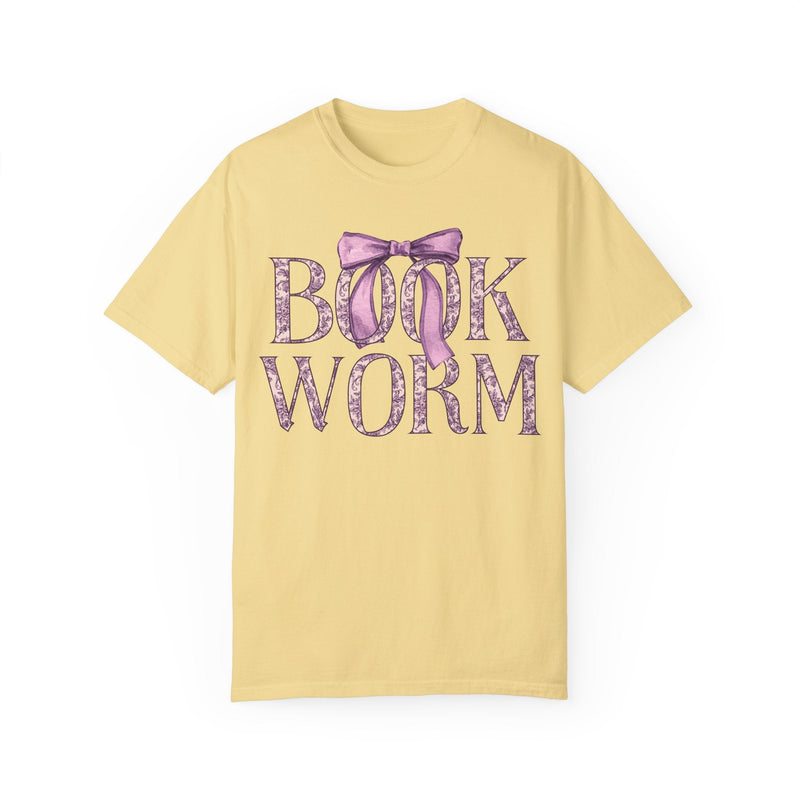 Cute Bookworm Tee Shirt with Bow and Purple Toile Print: Cozy Bookish T-Shirt with Coquette Ribbon, Pretty Cottagecore Gift, Romance Reader - Opal and June
