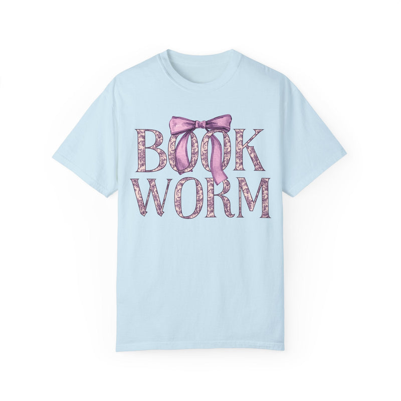 Cute Bookworm Tee Shirt with Bow and Purple Toile Print: Cozy Bookish T-Shirt with Coquette Ribbon, Pretty Cottagecore Gift, Romance Reader - Opal and June