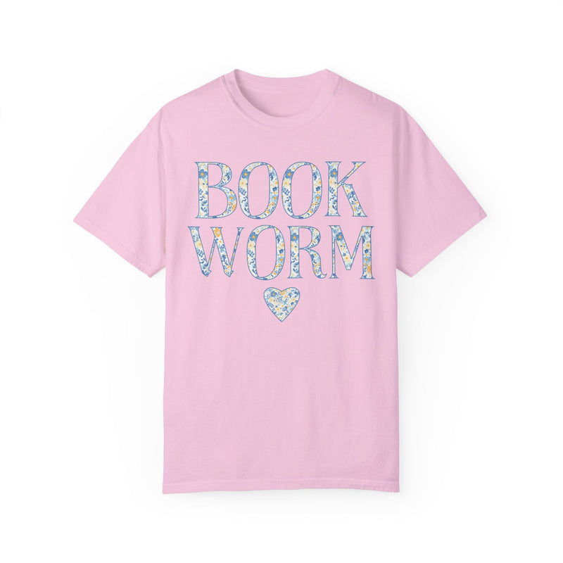 Cute Bookworm Tee Shirt with Heart and Blue Floral Print: Cozy Bookish Shirt, Goblincore Aesthetic, Pretty Cottagecore Gift, Romance Reader - Opal and June