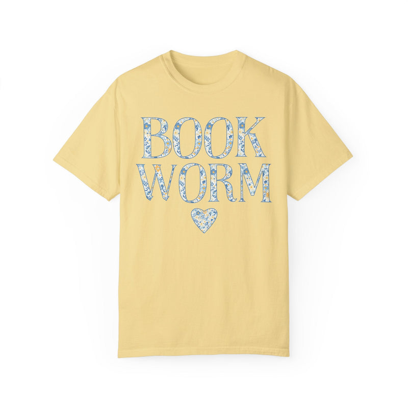 Cute Bookworm Tee Shirt with Heart and Blue Floral Print: Cozy Bookish Shirt, Goblincore Aesthetic, Pretty Cottagecore Gift, Romance Reader - Opal and June