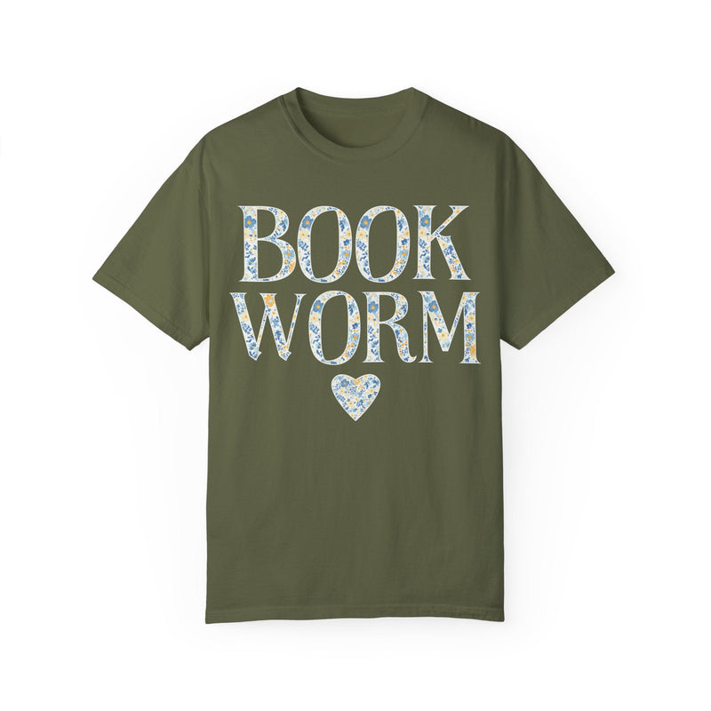 Cute Bookworm Tee Shirt with Heart and Blue Floral Print: Cozy Bookish Shirt, Goblincore Aesthetic, Pretty Cottagecore Gift, Romance Reader - Opal and June