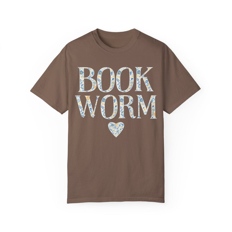 Cute Bookworm Tee Shirt with Heart and Blue Floral Print: Cozy Bookish Shirt, Goblincore Aesthetic, Pretty Cottagecore Gift, Romance Reader - Opal and June