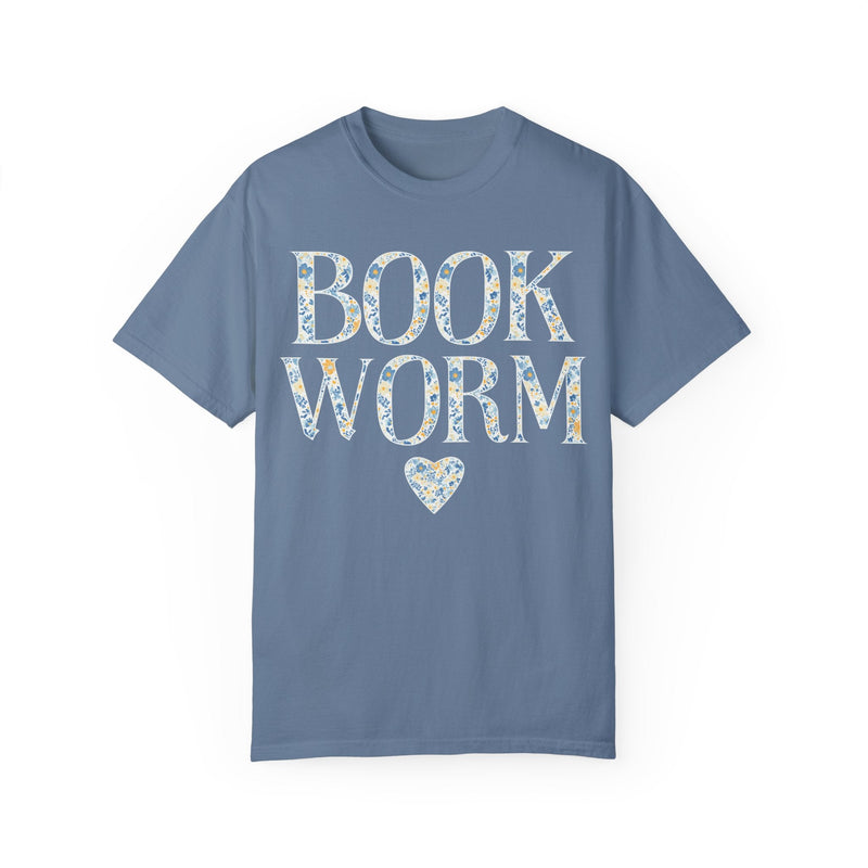 Cute Bookworm Tee Shirt with Heart and Blue Floral Print: Cozy Bookish Shirt, Goblincore Aesthetic, Pretty Cottagecore Gift, Romance Reader - Opal and June