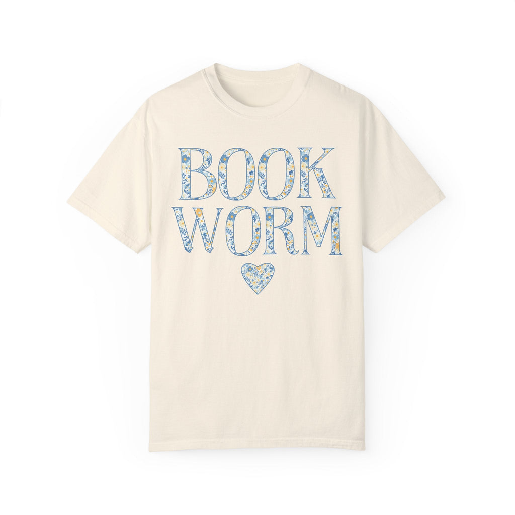 Cute Bookworm Tee Shirt with Heart and Blue Floral Print: Cozy Bookish Shirt, Goblincore Aesthetic, Pretty Cottagecore Gift, Romance Reader - Opal and June