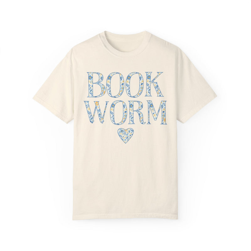 Cute Bookworm Tee Shirt with Heart and Blue Floral Print: Cozy Bookish Shirt, Goblincore Aesthetic, Pretty Cottagecore Gift, Romance Reader - Opal and June