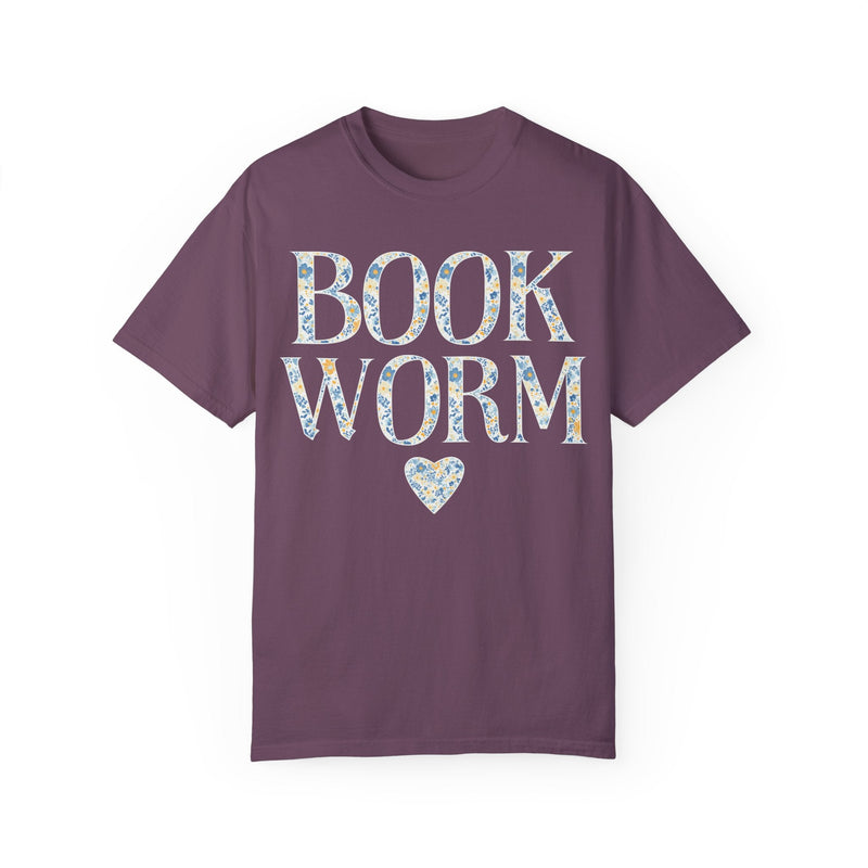 Cute Bookworm Tee Shirt with Heart and Blue Floral Print: Cozy Bookish Shirt, Goblincore Aesthetic, Pretty Cottagecore Gift, Romance Reader - Opal and June