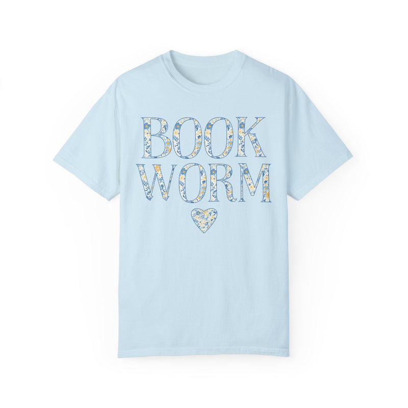 Cute Bookworm Tee Shirt with Heart and Blue Floral Print: Cozy Bookish Shirt, Goblincore Aesthetic, Pretty Cottagecore Gift, Romance Reader - Opal and June