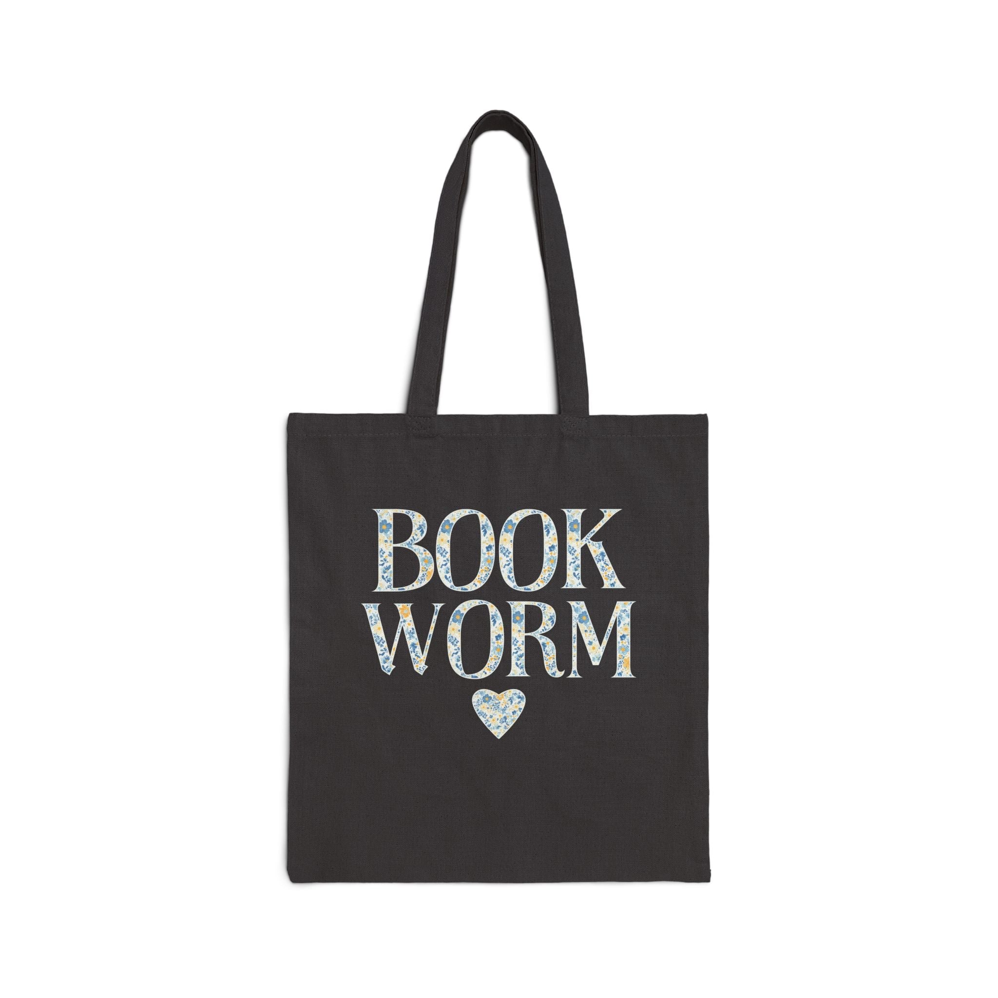 Cute Bookworm Tote Bag with Heart and Blue Floral Print: Cozy Bookish Gift, Goblincore Aesthetic, Pretty Cottagecore Gift, Romance Reader - Opal and June