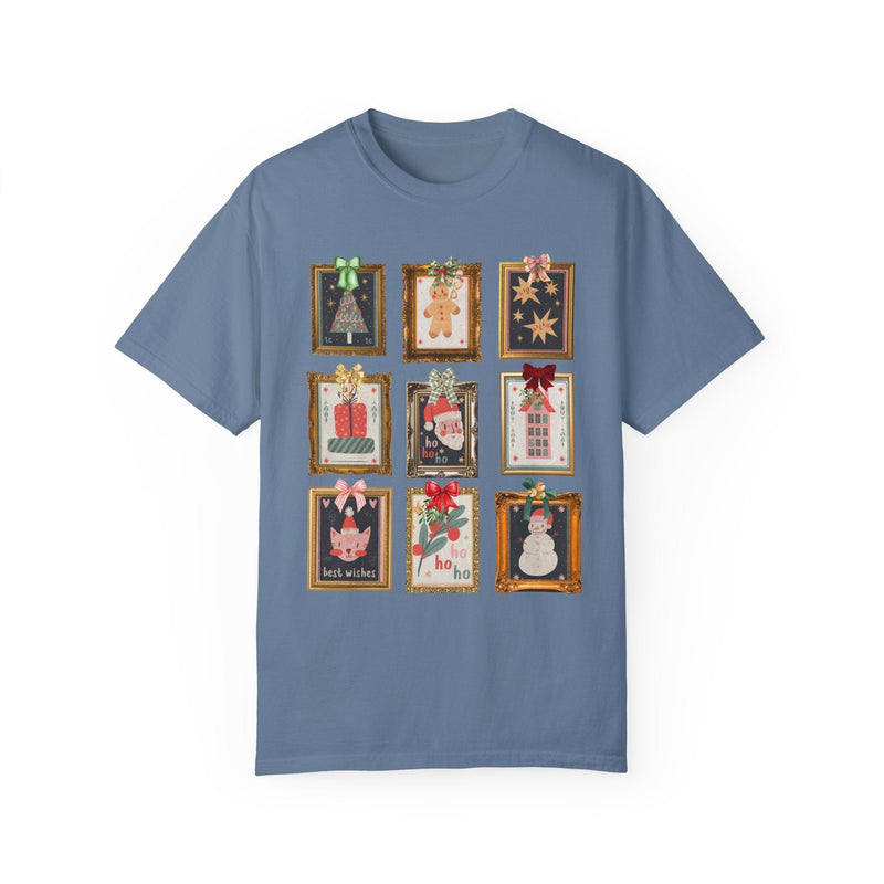Cute Christmas Stamp Tee Shirt with Colorful Ribbons, Gallery Wall Aesthetic Shirt with Framed Christmas Artwork, Ecelctic Grandmacore Xmas - Opal and June
