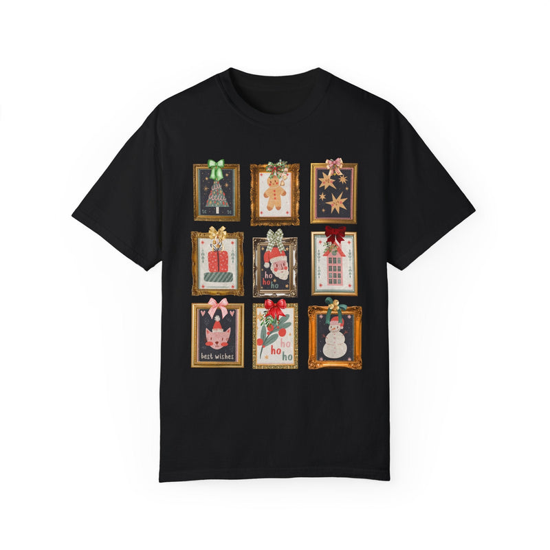 Cute Christmas Stamp Tee Shirt with Colorful Ribbons, Gallery Wall Aesthetic Shirt with Framed Christmas Artwork, Ecelctic Grandmacore Xmas - Opal and June
