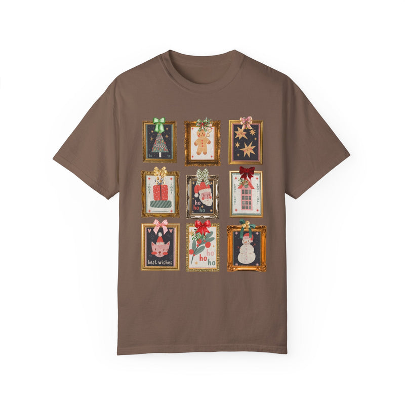 Cute Christmas Stamp Tee Shirt with Colorful Ribbons, Gallery Wall Aesthetic Shirt with Framed Christmas Artwork, Ecelctic Grandmacore Xmas - Opal and June