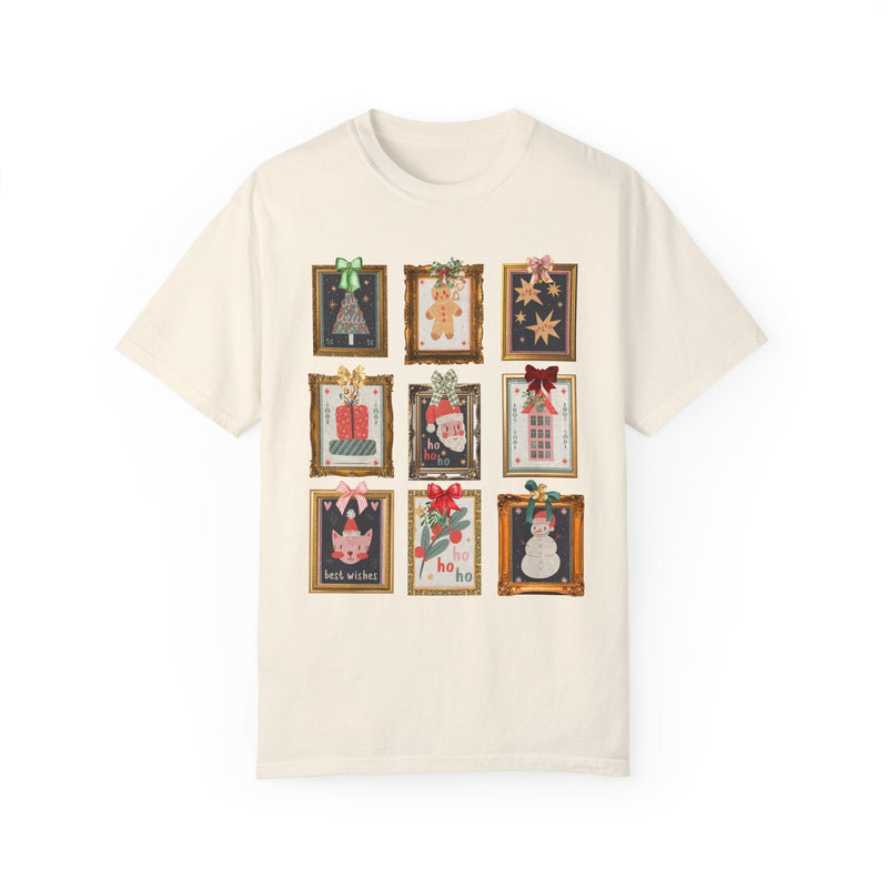 Cute Christmas Stamp Tee Shirt with Colorful Ribbons, Gallery Wall Aesthetic Shirt with Framed Christmas Artwork, Ecelctic Grandmacore Xmas - Opal and June